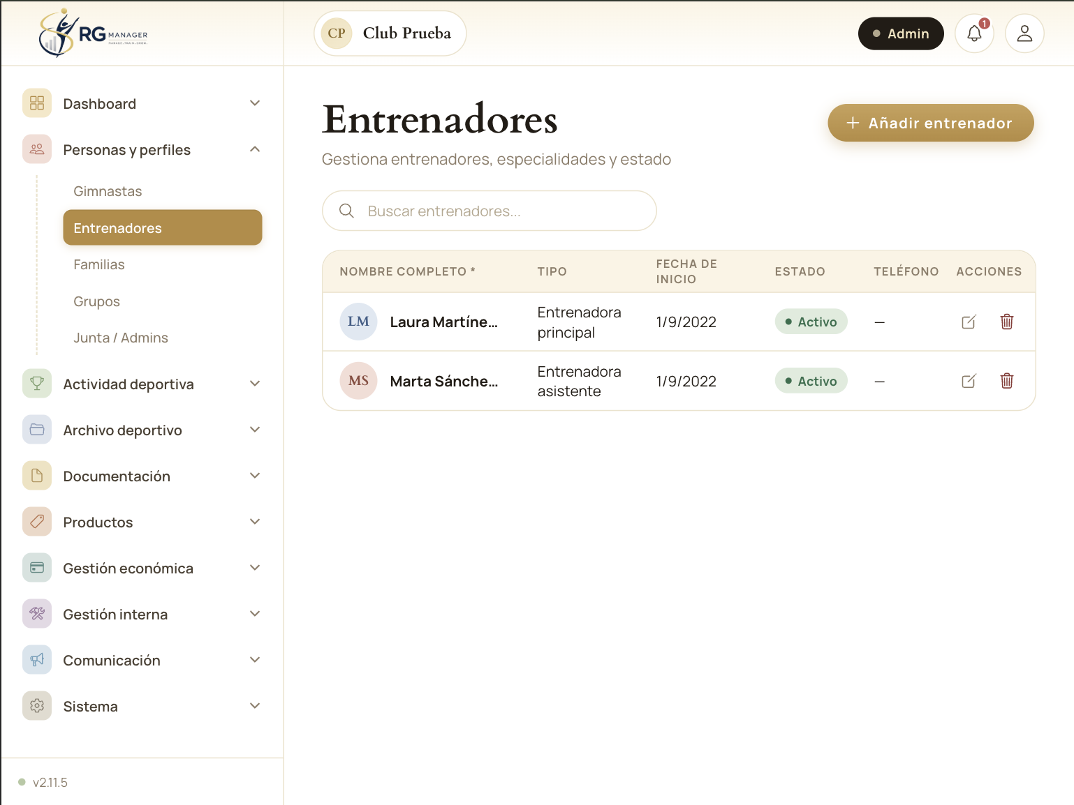 Gestión de entrenadores — asignación de grupos y fichaje horario