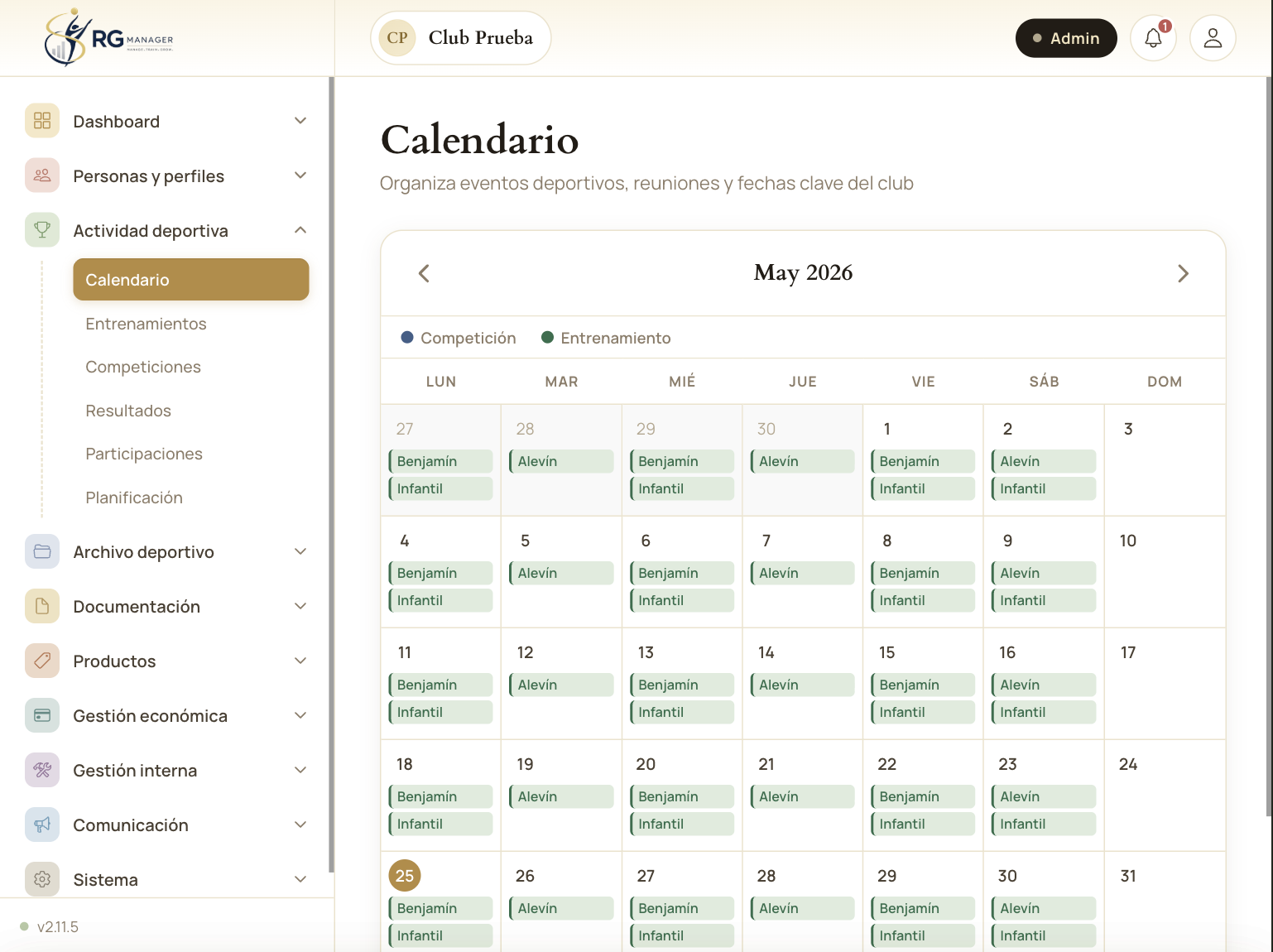 Calendario del club — entrenamientos, competiciones y actividades