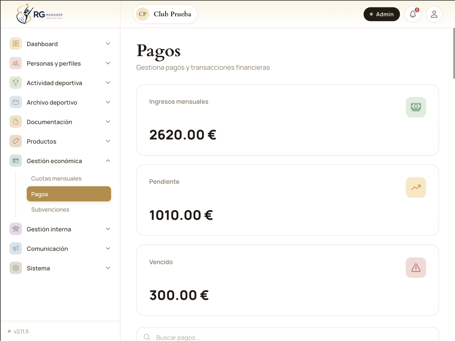 Control de pagos y cuotas mensuales por gimnasta