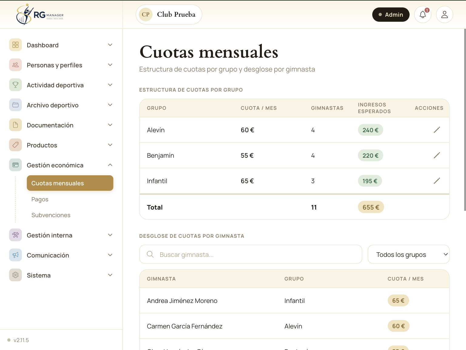 Gestión de cuotas y abonos mensuales para el club de gimnasia rítmica