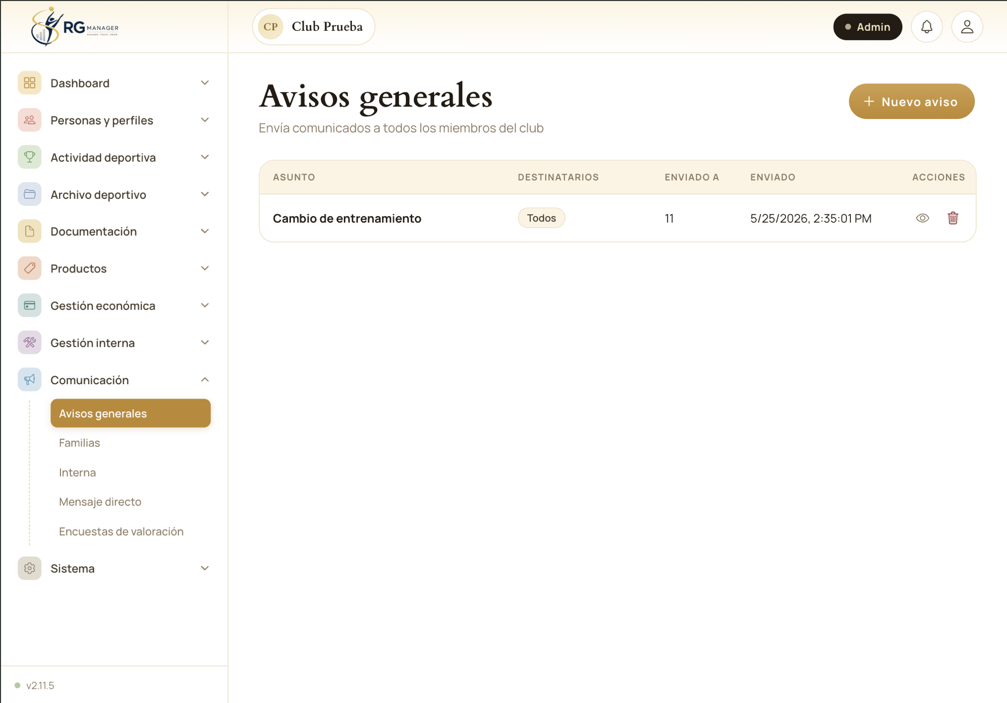 Panel de comunicaciones de RG Manager — avisos y notificaciones para familias del club