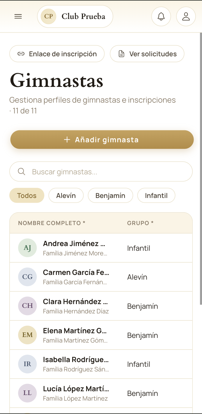 App móvil RG Manager para entrenadores — fichas de gimnastas y control de asistencia